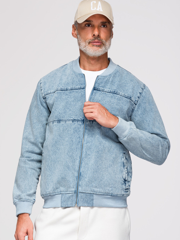 Ombre Clothing Férfi denim bomberdzseki kőmosás hatású - világoskék V3 OM-JADJ-0163 Ombre Ruházat