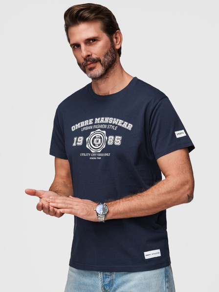 Ombre Clothing Férfi pamut póló egyetemi stílusú nyomattal - sötét kék V3 OM-TSPT-0269 Ombre Clothing
