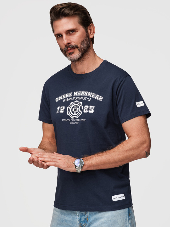 Ombre Clothing Férfi pamut póló egyetemi stílusú nyomattal - sötét kék V3 OM-TSPT-0269 Ombre Clothing