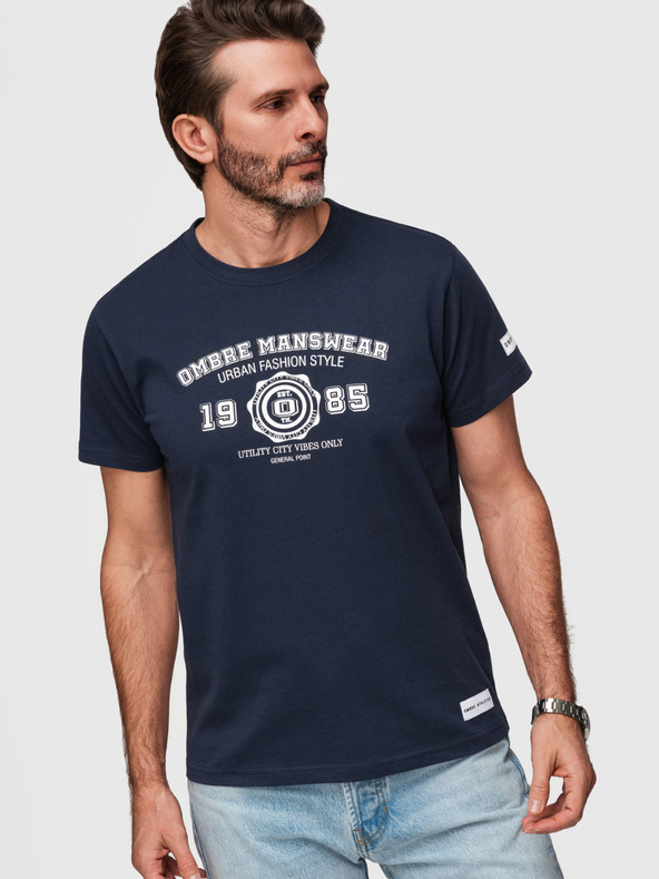 Ombre Clothing Férfi pamut póló egyetemi stílusú nyomattal - sötét kék V3 OM-TSPT-0269 Ombre Clothing