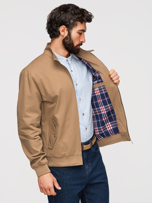 Ombre Clothing Férfi Harrington kabát állónyakkal és kockás béléssel - világos barna V5 OM-JANP-0326 Ombre Clothing