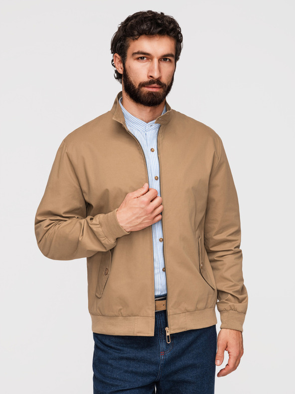 Ombre Clothing Férfi Harrington kabát állónyakkal és kockás béléssel - világos barna V5 OM-JANP-0326 Ombre Clothing
