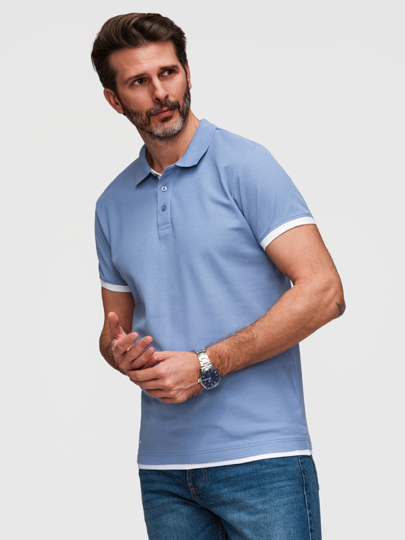 Ombre Clothing Férfi pamut póló kontraszt szegéllyel - kék V3 OM-POSS-0170 Ombre Clothing