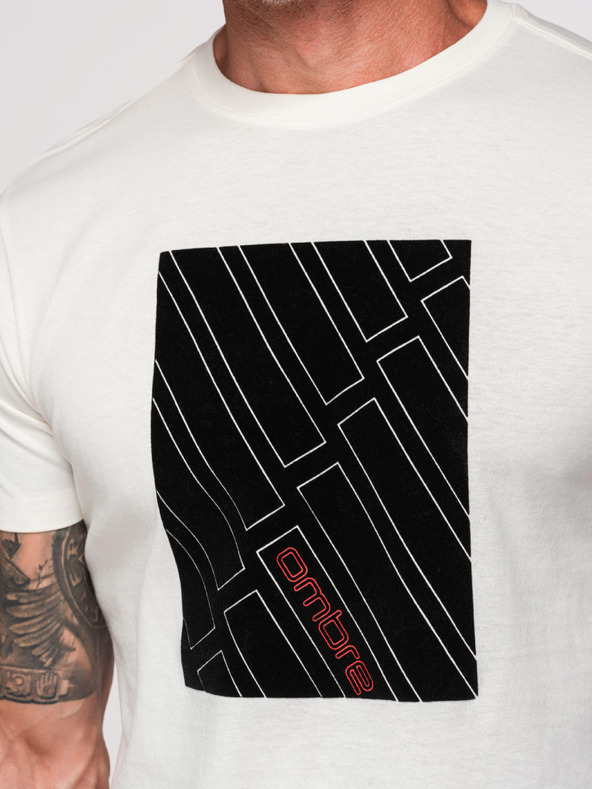 Ombre Clothing Férfi pamut pólók geometrikus nyomattal - fehér V1 OM-TSPT-0259 Ombre Clothing