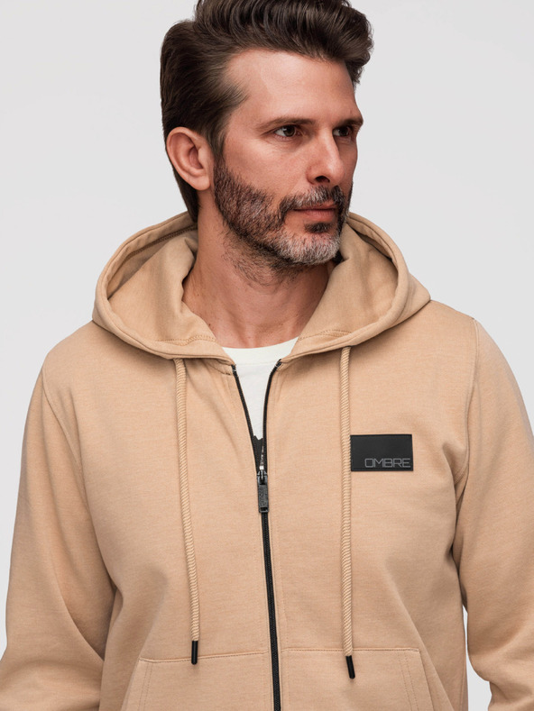 Ombre Clothing Férfi cipzáros kapucnis pulóver felvarrással - homok V2 OM-SSZP-0256 Ombre Clothing