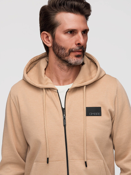 Ombre Clothing Férfi cipzáros kapucnis pulóver felvarrással - homok V2 OM-SSZP-0256 Ombre Clothing