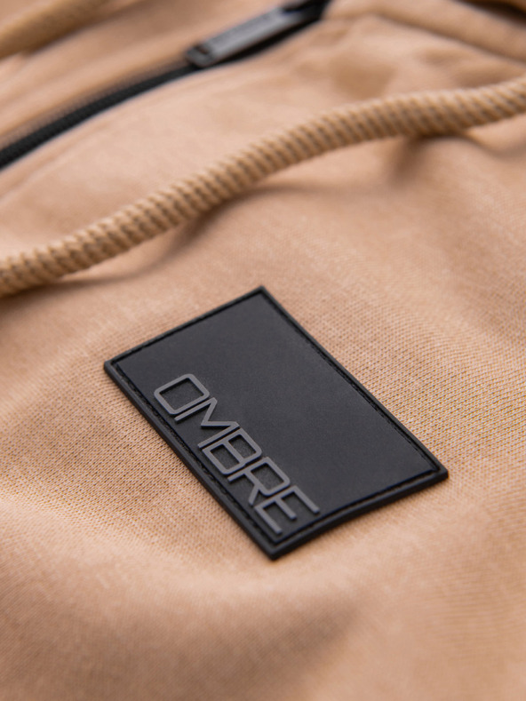 Ombre Clothing Férfi cipzáros kapucnis pulóver felvarrással - homok V2 OM-SSZP-0256 Ombre Clothing