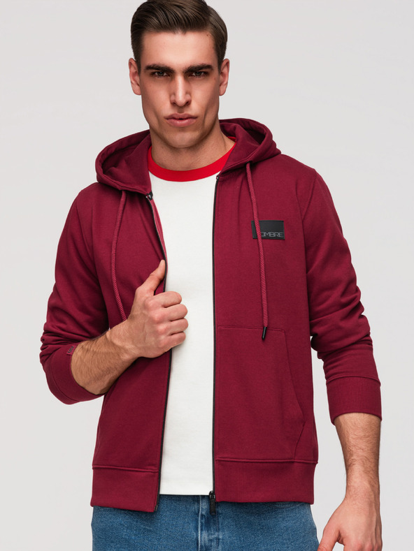Ombre Clothing Férfi kapucnis pulóver gomb nélkül és felvarrással - piros V3 OM-SSZP-0256 Ombre Clothing