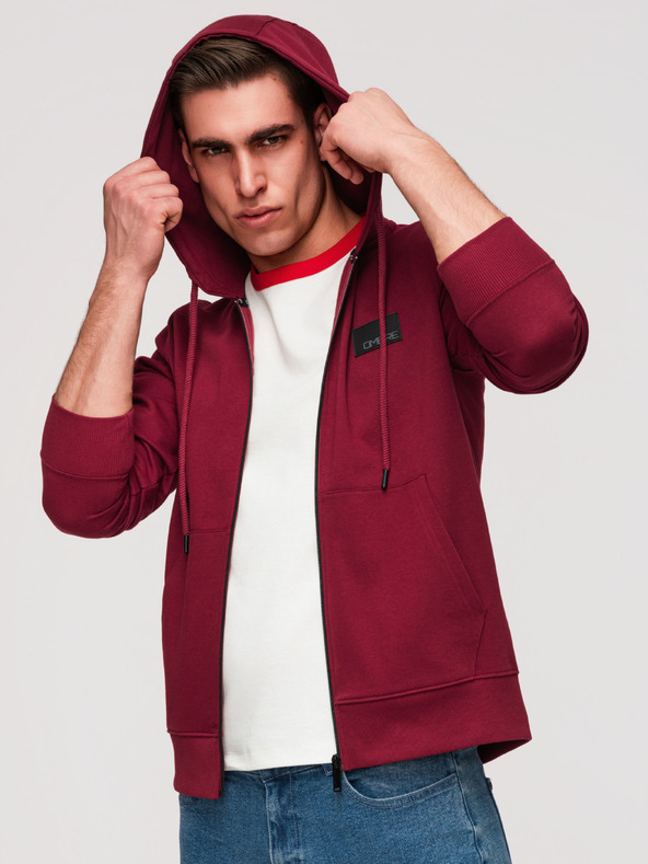 Ombre Clothing Férfi kapucnis pulóver gomb nélkül és felvarrással - piros V3 OM-SSZP-0256 Ombre Clothing