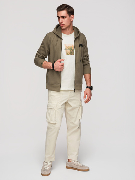 Ombre Clothing Férfi kapucnis pulóver gomb nélkül és felvarrással - olíva V4 OM-SSZP-0256 Ombre Clothing