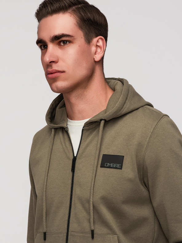 Ombre Clothing Férfi kapucnis pulóver gomb nélkül és felvarrással - olíva V4 OM-SSZP-0256 Ombre Clothing