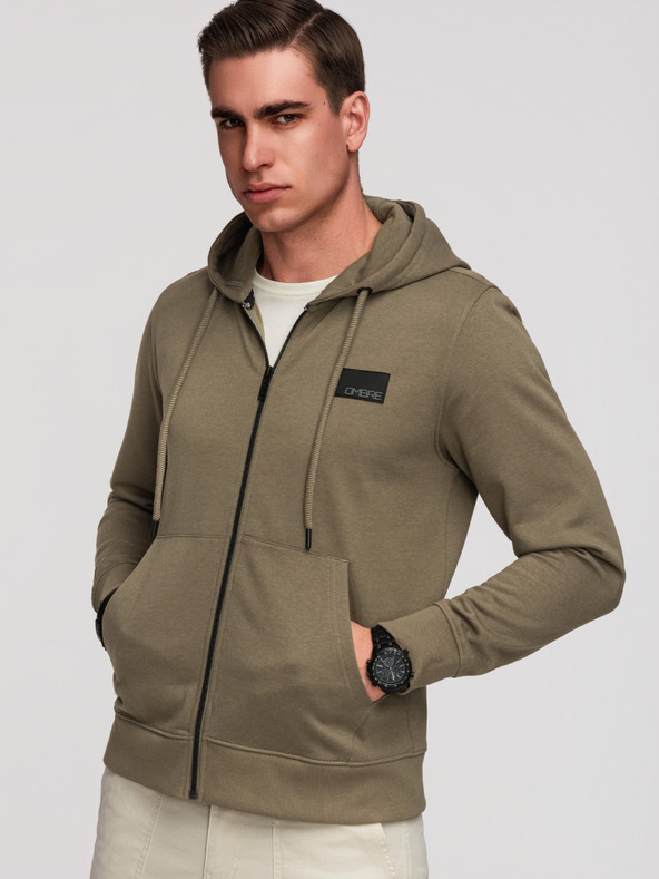 Ombre Clothing Férfi kapucnis pulóver gomb nélkül és felvarrással - olíva V4 OM-SSZP-0256 Ombre Clothing