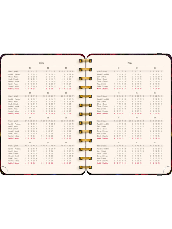 NOTIQUE NOTIQUE Spirális 18 hónapos naptár Petito – Vörös virágok 2026/2027, 13 x 18 cm