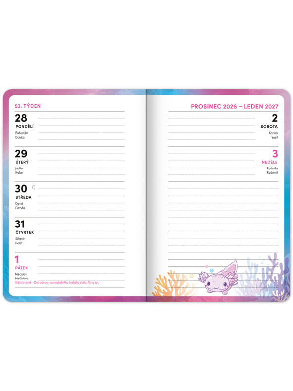 NOTIQUE NOTIQUE Iskolai naptár Axolotl (szeptember 2026 – december 2027), 9,8 x 14,5 cm