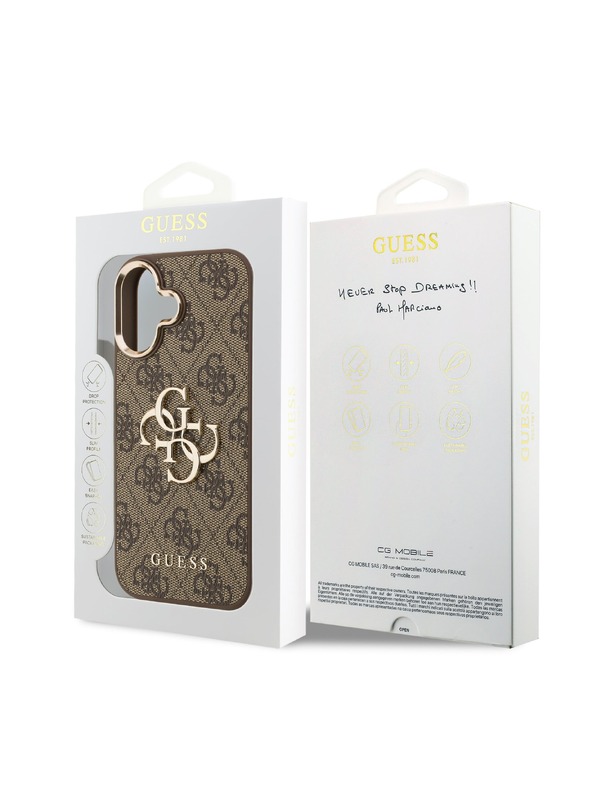 Guess Guess PU Leather 4G Metal Logo Gold Frame Hátlap iPhone 17-hez Brown