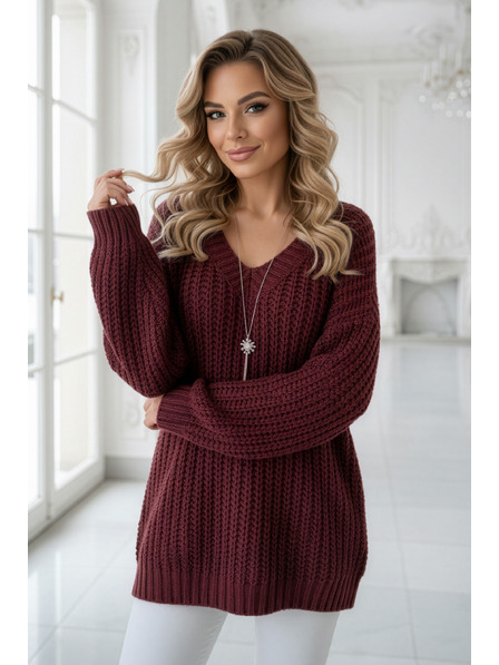 numoco basic Meleg oversized pulóver sűrű szövetből és V-nyakkivágással - burgundi