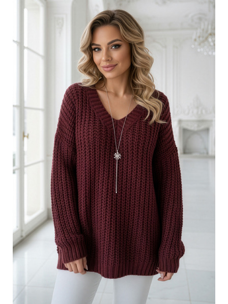 numoco basic Meleg oversized pulóver sűrű szövetből és V-nyakkivágással - burgundi