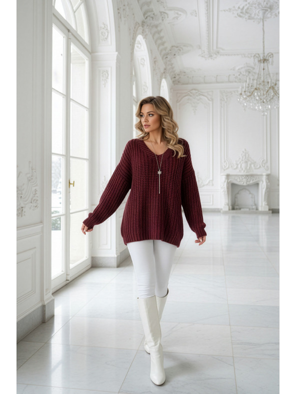 numoco basic Meleg oversized pulóver sűrű szövetből és V-nyakkivágással - burgundi
