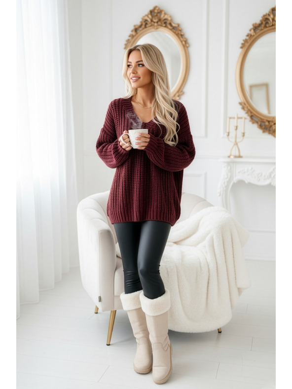numoco basic Meleg oversized pulóver sűrű szövetből és V-nyakkivágással - burgundi