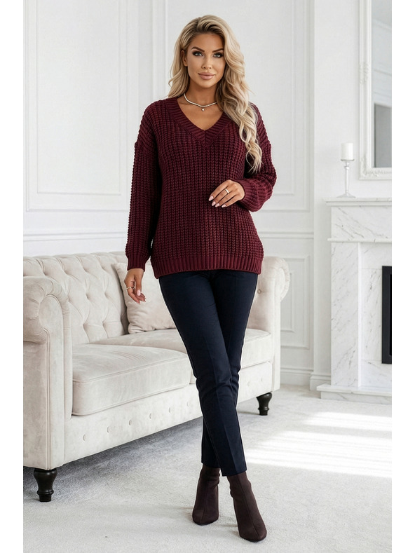 numoco basic Meleg oversized pulóver sűrű szövetből és V-nyakkivágással - burgundi