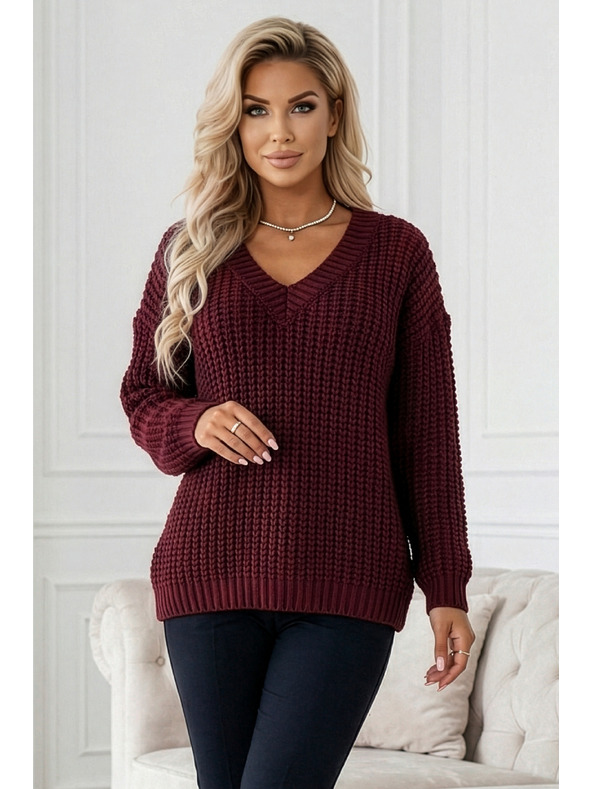 numoco basic Meleg oversized pulóver sűrű szövetből és V-nyakkivágással - burgundi