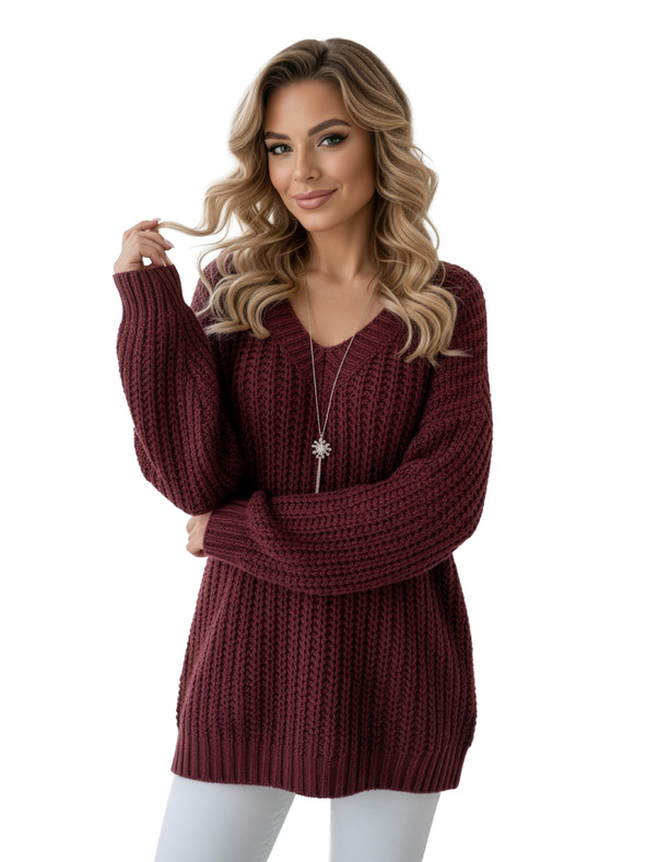 numoco basic Meleg oversized pulóver sűrű szövetből és V-nyakkivágással - burgundi