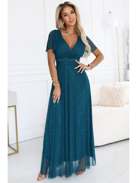 numoco basic MELANIA hosszú, fényes ruha kivágással és rövid ujjakkal - palackzöld