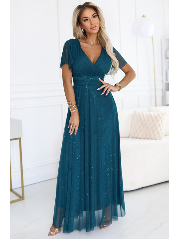 numoco basic MELANIA hosszú, fényes ruha kivágással és rövid ujjakkal - palackzöld