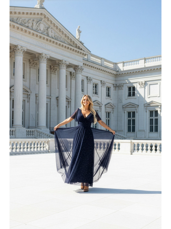 numoco basic MELANIA hosszú, fényes ruha kivágással és rövid ujjakkal - sötétkék