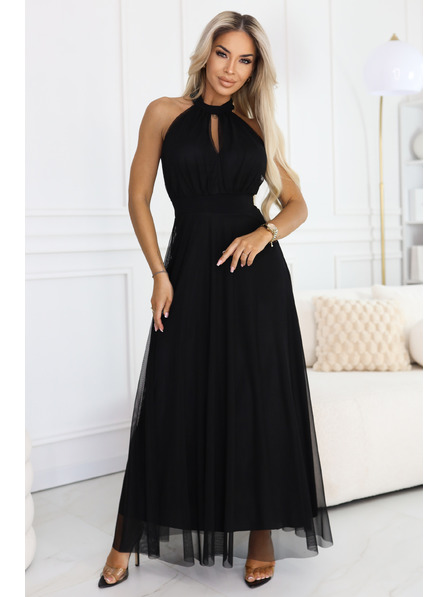 numoco basic Elegáns estélyi maxi ruha halter nyakkal, tüllel és derékköteléssel - fekete