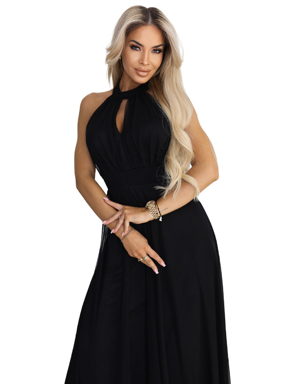 numoco basic Elegáns estélyi maxi ruha halter nyakkal, tüllel és derékköteléssel - fekete