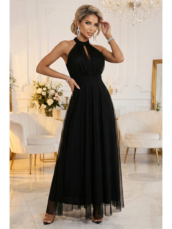 numoco basic Elegáns estélyi maxi ruha halter nyakkal, tüllel és derékköteléssel - fekete