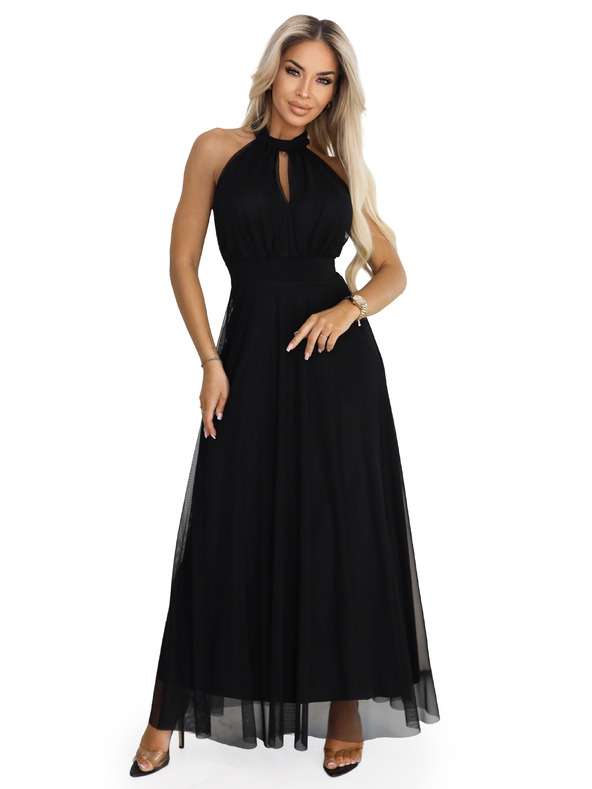 numoco basic Elegáns estélyi maxi ruha halter nyakkal, tüllel és derékköteléssel - fekete