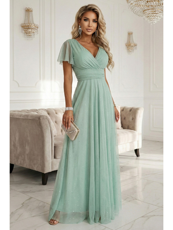 numoco basic MELANIA Hosszú fényes ruha nyakkivágással és rövid ujjakkal - pisztácia