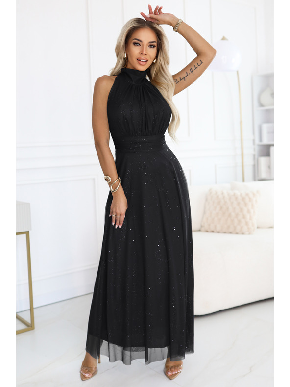 numoco basic VERONICA luxus hosszú ruha brokát akcentussal és elegáns szabással - fekete