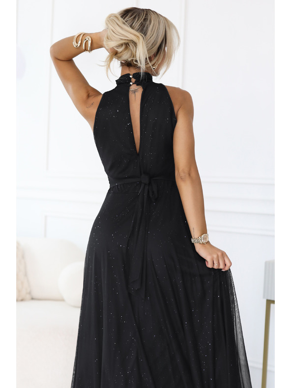 numoco basic VERONICA luxus hosszú ruha brokát akcentussal és elegáns szabással - fekete