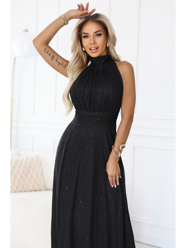 numoco basic VERONICA luxus hosszú ruha brokát akcentussal és elegáns szabással - fekete