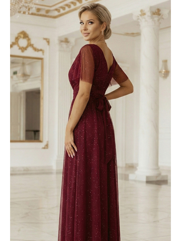 numoco basic MELANIA hosszú, fényes ruha nyakkivágással és rövid ujjakkal - borÓ