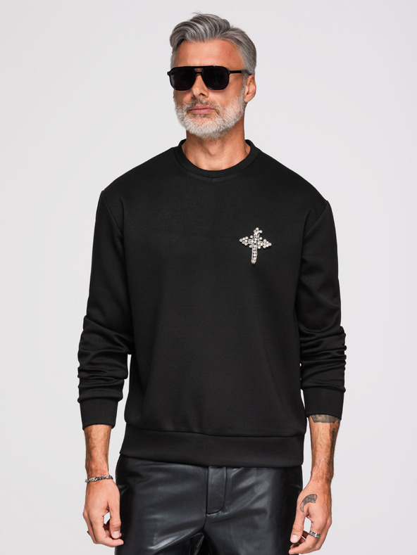 Ombre Clothing Férfi pulóver ezüst kő kereszt applikációval és kerek nyakkivágással - fekete V1 OM-SSNZ-0271 Ombre Clothing