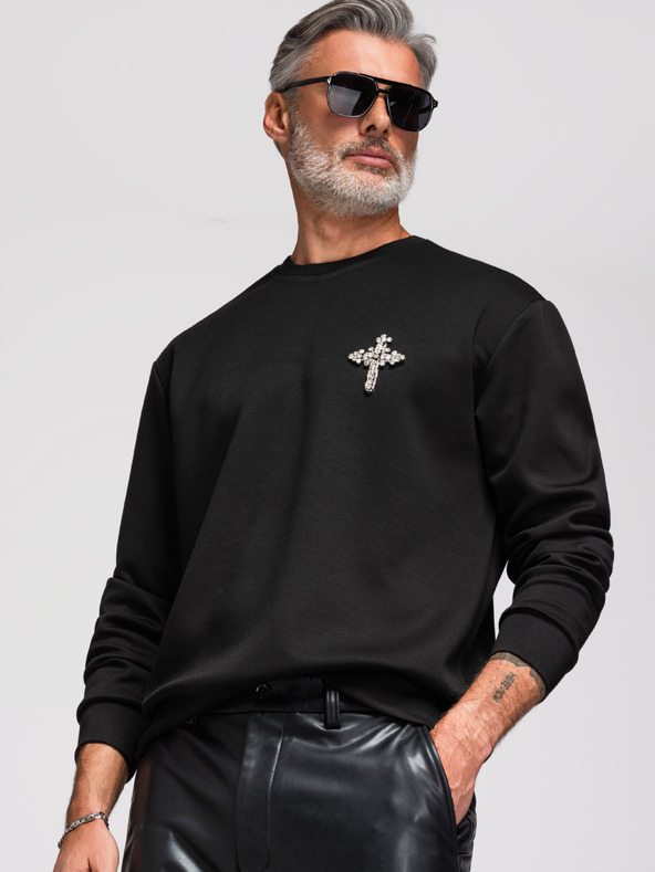Ombre Clothing Férfi pulóver ezüst kő kereszt applikációval és kerek nyakkivágással - fekete V1 OM-SSNZ-0271 Ombre Clothing