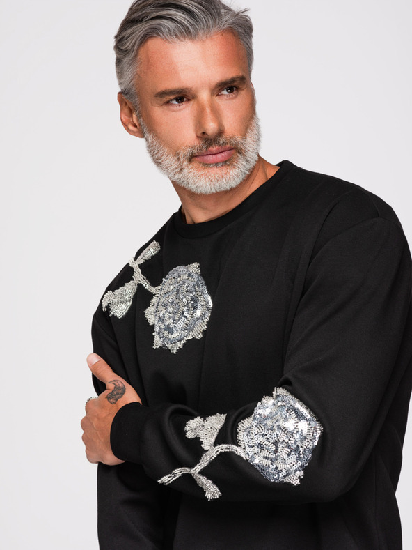 Ombre Clothing Férfi pulóver ezüst flitter és gyöngy rózsa applikációval kerek nyakkivágással - fekete V1 OM-SSNZ-0272 Ombre Clothing