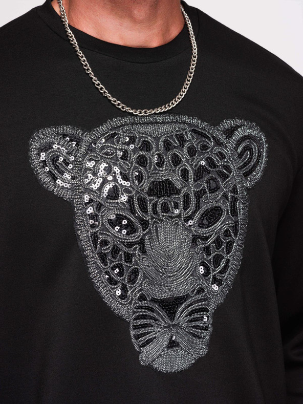 Ombre Clothing Férfi pulóver ezüst és fekete leopárd applikációval az előlapon kerek nyakkivágással - fekete V1 OM-SSNZ-0273 Ombre Clothing