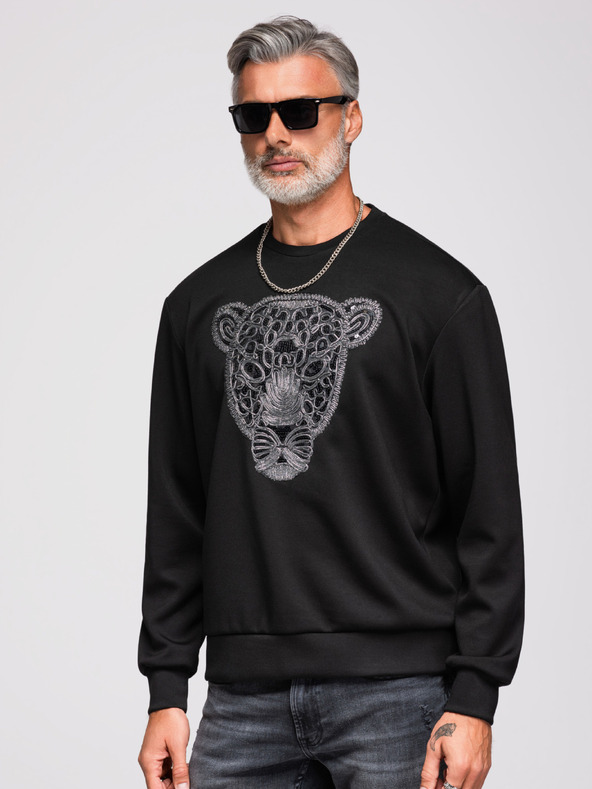 Ombre Clothing Férfi pulóver ezüst és fekete leopárd applikációval az előlapon kerek nyakkivágással - fekete V1 OM-SSNZ-0273 Ombre Clothing