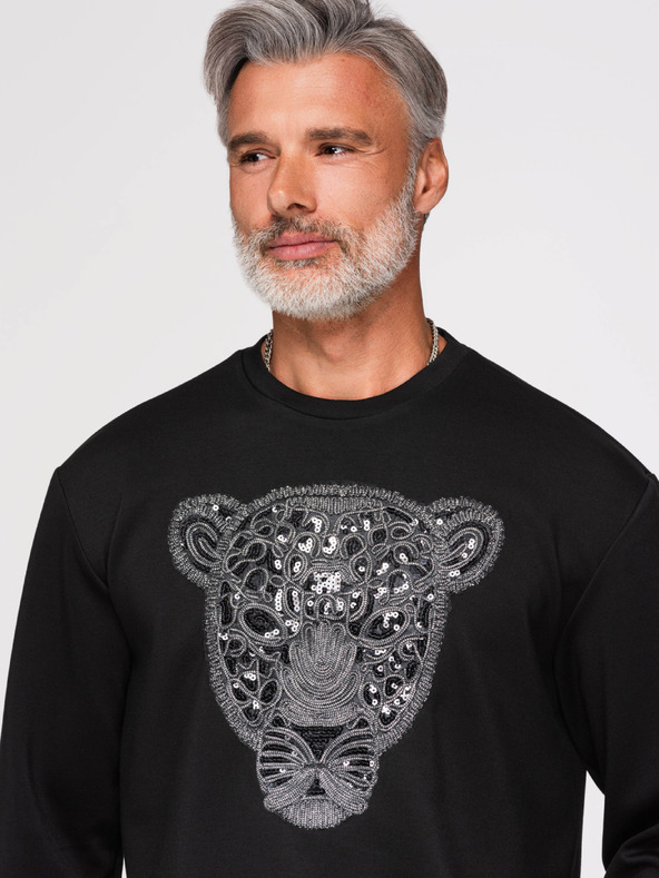 Ombre Clothing Férfi pulóver ezüst és fekete leopárd applikációval az előlapon kerek nyakkivágással - fekete V1 OM-SSNZ-0273 Ombre Clothing