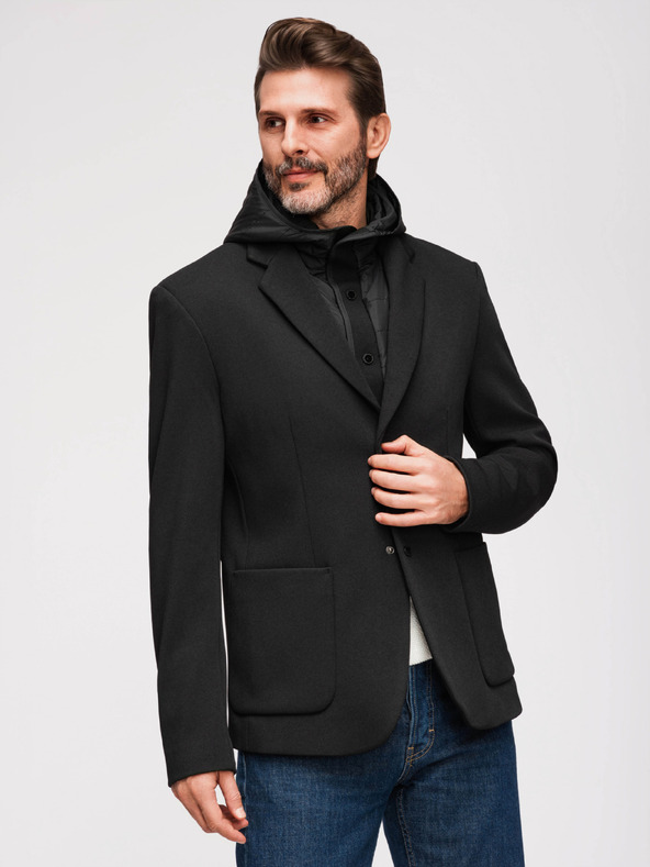 Ombre Clothing Férfi strukturált dzseki magas állással és kapucnival - fekete V2 M167 Ombre Clothing