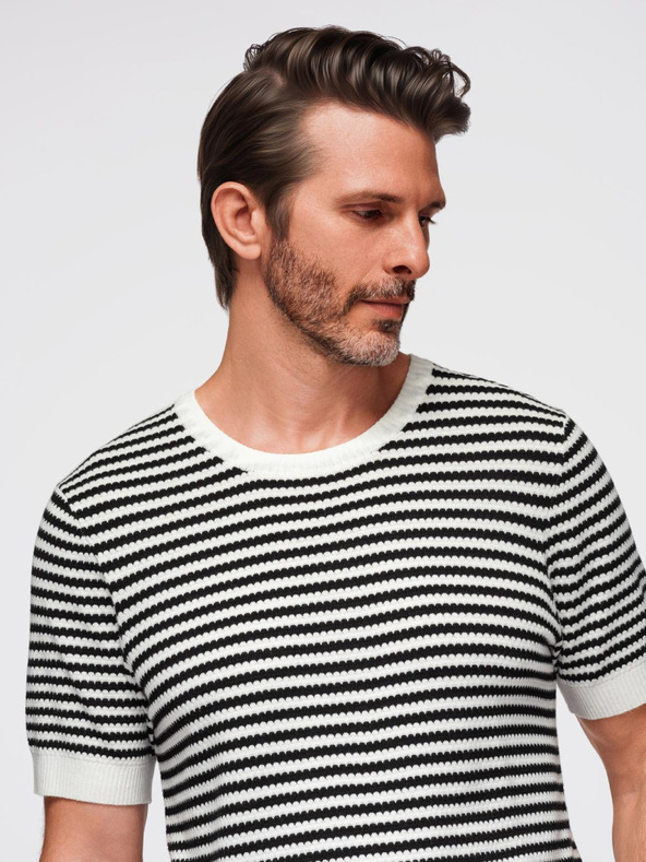 Ombre Clothing Férfi tengerészcsíkos kötött póló áttört mintázattal - fekete-fehér