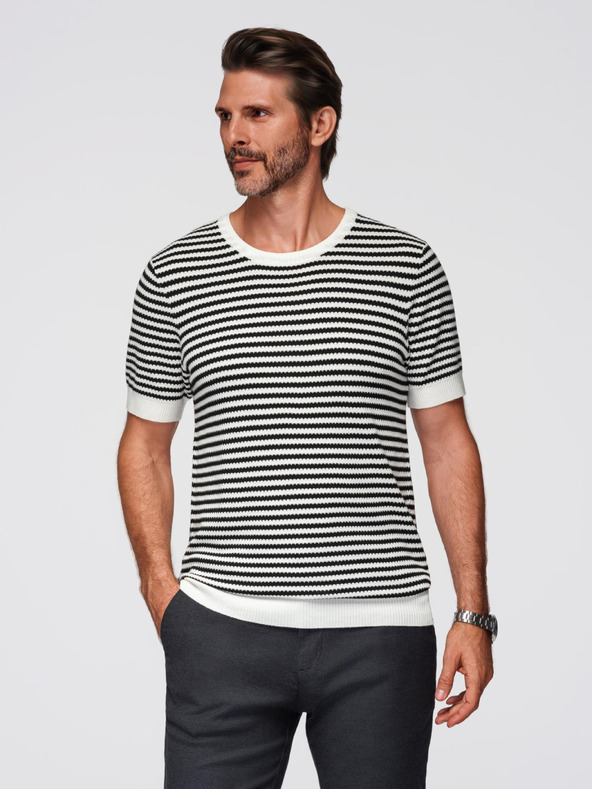Ombre Clothing Férfi tengerészcsíkos kötött póló áttört mintázattal - fekete-fehér