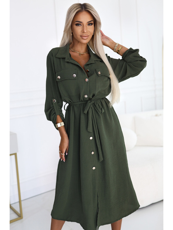 numoco 531-5 Midi ingruha arany gombokkal és nyakkendővel - KHAKI