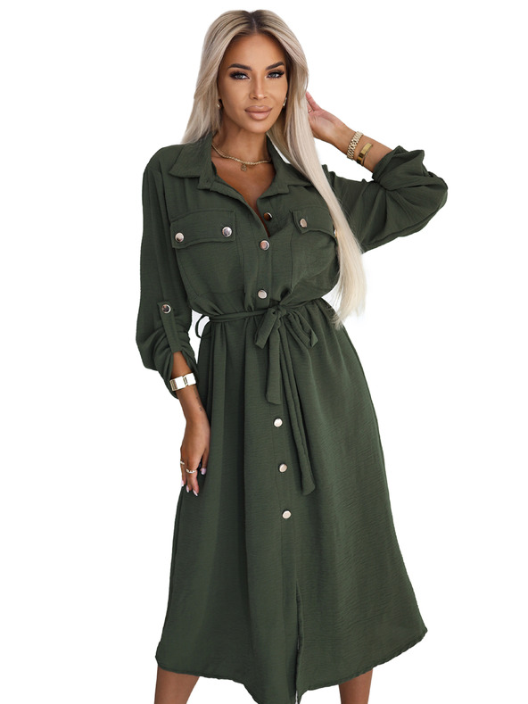 numoco 531-5 Midi ingruha arany gombokkal és nyakkendővel - KHAKI