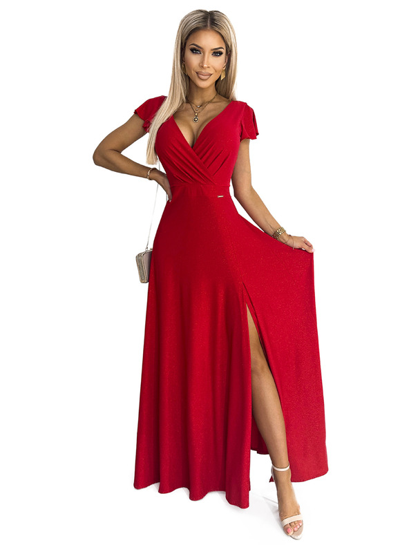 numoco Csillogó hosszú ruha nyakkivágással - piros Numoco CRYSTAL